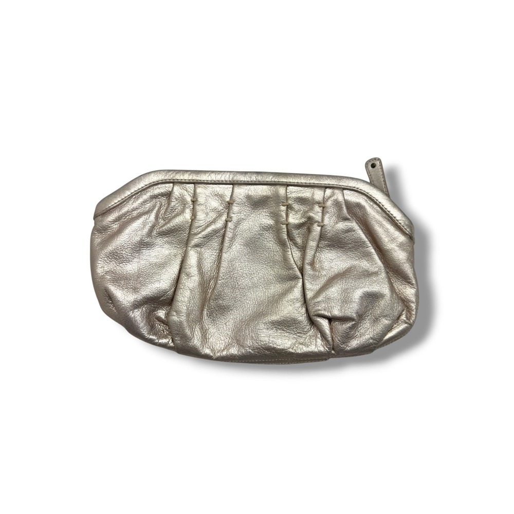 GAP Clutch Bag Womens OS Metallic Champagne Leather Pleated Pouch Zipper